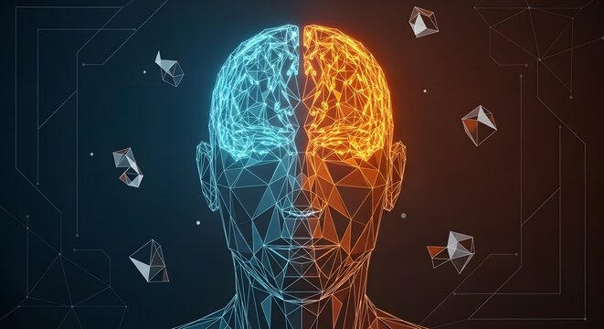 An artistic representation of a brain with geometric shapes and symbols. The intersection of technology and human intelligence. A conceptual illustration showing the brain as a complex network of info