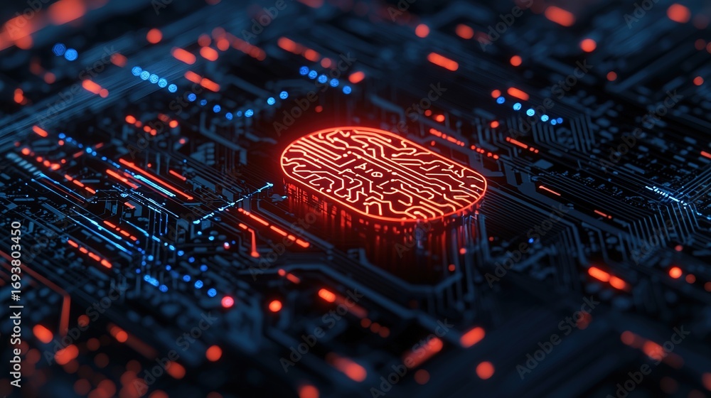 Poster a close-up of a circuit board featuring a glowing brain-like design, emphasizing technology and inno