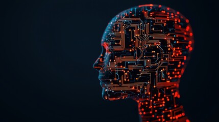 A digital silhouette of a human head filled with intricate circuit patterns, symbolizing the fusion of technology and humanity.