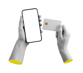 Hands holding a smartphone with blank screen and a white bank card mockup with chip, isolated on