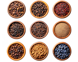 Nine bowls showcase various peppers and seeds on transparent background beautifully aligned