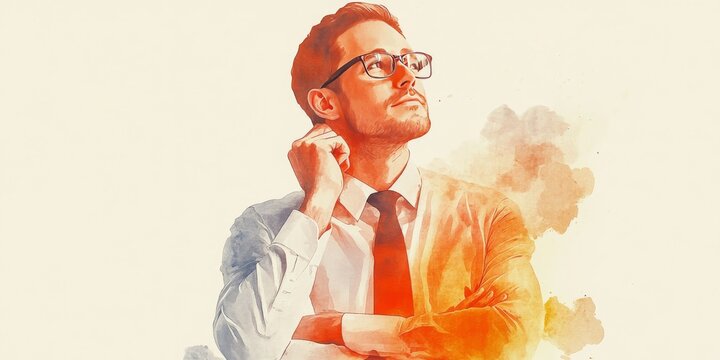 A man in a suit and tie, wearing glasses, appears contemplative against a soft, abstract background with warm color splashes.