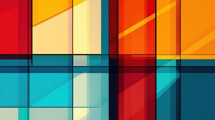 Fototapeta premium A vibrant abstract composition featuring intersecting lines and a bold color palette of reds, yellows, blues, and oranges.