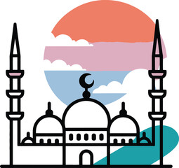 Modern minimalist mosque illustration with vibrant pastel sunset and clouds