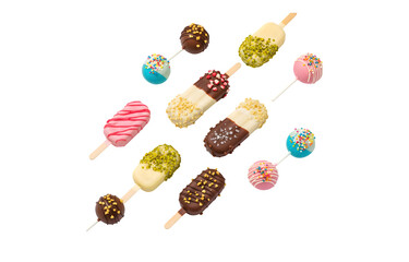 Different flavors of cake pops and ice creams displayed in a diagonal arrangement
