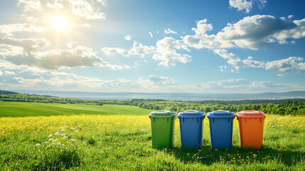 Obraz premium recycling and nature themes: photos of trees sprouting from waste, Earth held above trash, and green initiatives with ample blank spaces for environmental messages.
