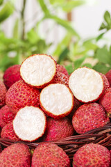 Fresh Lychee Fruits from Hainan Guangxi in Wooden Basket Showing Sweet White Flesh
