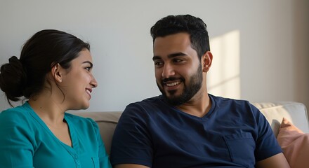 Obraz premium Young couple sharing a happy moment and smiling at each other indoors