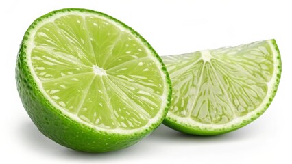 fresh lime halves isolated on white background, juicy citrus fruit slices cocktails and recipes