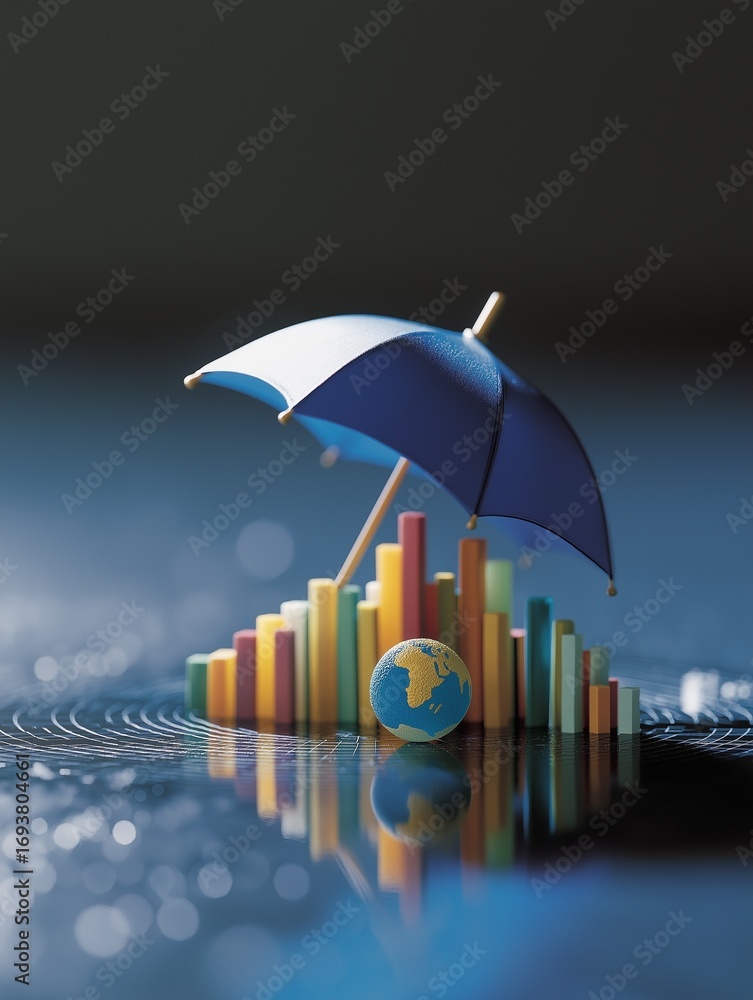 Poster a colorful umbrella shelters a globe and bar graph, symbolizing protection in a data-driven world.