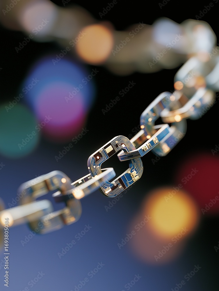Poster a close-up of a metallic chain link featuring intricate circuitry designs, set against a vibrant bok