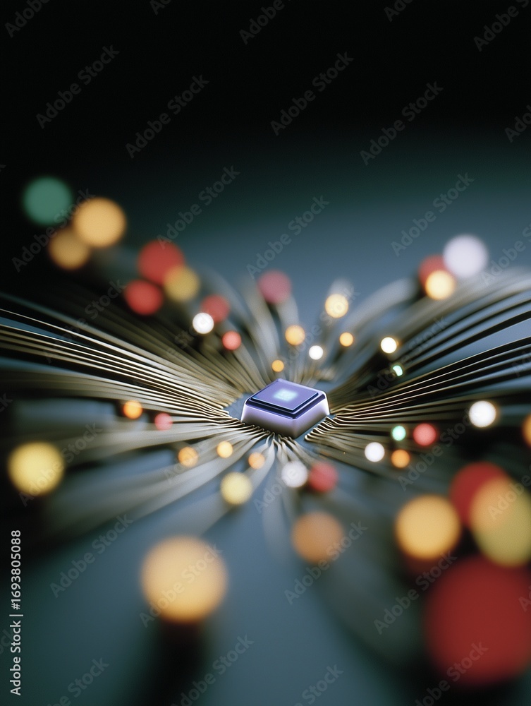 Poster a close-up of a microchip surrounded by colorful glowing lights, illustrating technology and connect