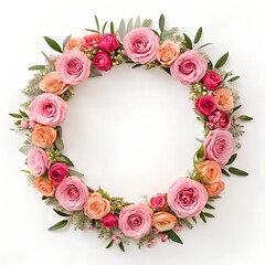 A beautiful floral wreath made of pink and peach roses and green leaves, isolated on white background