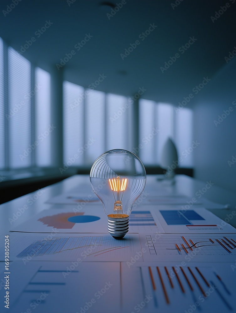 Poster a glowing light bulb sits on a table covered with graphs and charts, highlighting creativity and inn