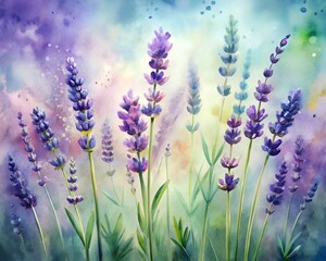 Naklejka premium Watercolor painting of lavender flowers in a field with a soft, colorful, abstract background