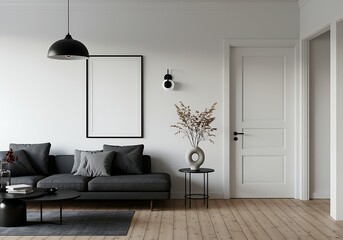 Modern Living Room Interior Design with Gray Sofa Wooden Floors and White Walls Creating a Cozy and Minimalist Home Environment