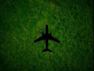 Creative concept showing the silhouette of an airplane over vibrant green foliage background, symbolizing travel, nature, sustainability, and aviation industry in a modern artistic way