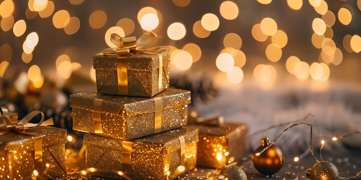 Glittery Gold Gift Boxes with Ribbons on Fluffy Surface and Fairy Lights