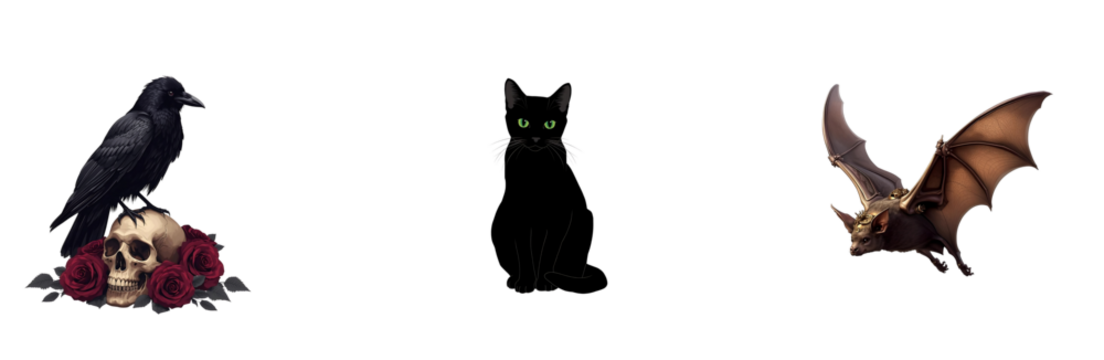 Halloween Raven on Skull, Black Cat, and Bat – Isolated on Transparent Background - Powered by Adobe