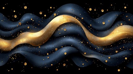 Abstract gold and navy blue flowing ribbons on dark background