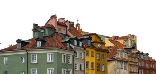 Picturesque houses with tiled roofs and pastel facades on the Market Square in Warsaw Old Town,
