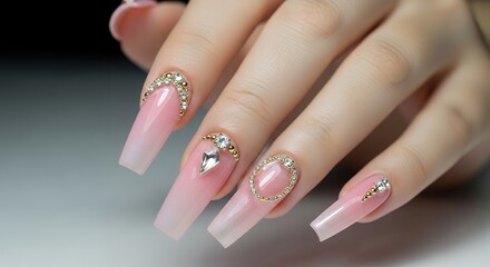 Close up of a hand with long sculpted pink ombre acrylic nails adorned with gold studs and clear rhinestones showcasing intricate nail art designs on a muted gray background long nails