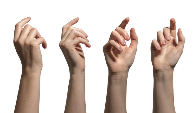 Set of human hands with raised index finger presented from different perspectives including side and