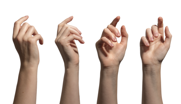 Set of human hands with raised index finger presented from different perspectives including side and