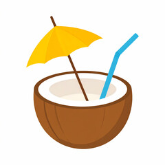 Refreshing Coconut Drink with Umbrella and Straw.