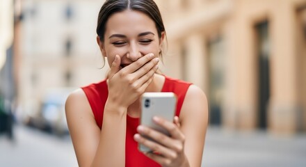 Candid moment of a cheerful hispanic woman laughing out loud while watching a funny video on her smartphone outdoors on a city street