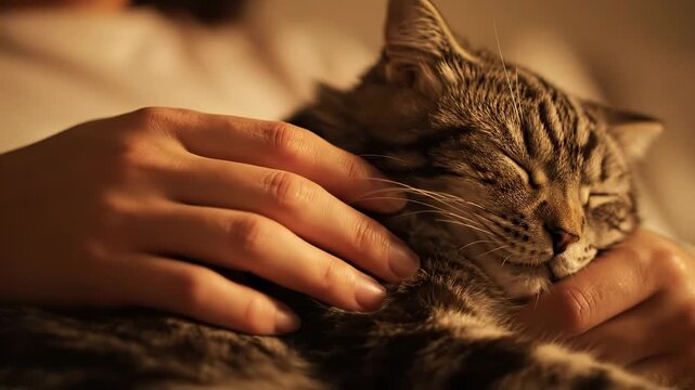 A person enjoys a tranquil evening while cradling a sweet cat in their arms. The warm ambiance and gentle purring create a perfect moment of comfort and love.