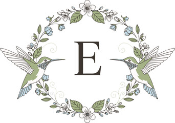 Vector art of elegant letter e encircled by floral wreath and hummingbirds, perfect for personalized stationery