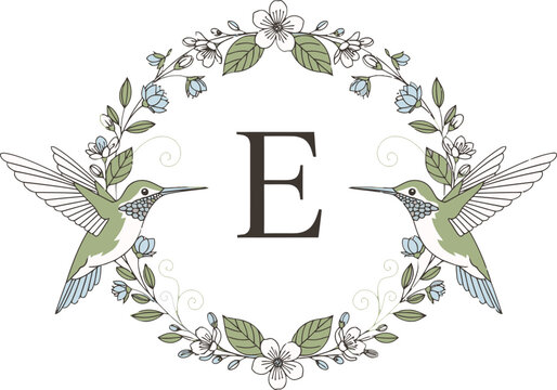 Vector art of elegant letter e encircled by floral wreath and hummingbirds, perfect for personalized stationery
