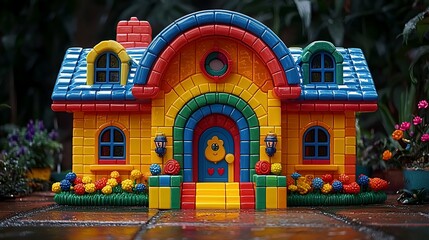 Colorful plastic toy house in garden setting