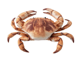 Detailed top-down view of a crab, light brown with darker brown markings, clear outlines
