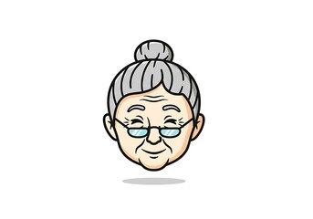 A stylized illustration of an elderly person with a bun hairstyle, eyeglasses, and a gentle expression.