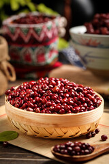 Fresh Red Adzuki Beans in Traditional Bamboo Basket from Guizhou China Farm Market Display