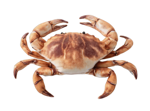 Detailed top-down view of a crab, light brown with darker brown markings, clear outlines