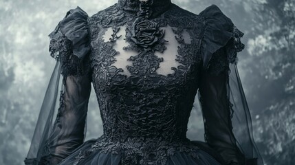 A dramatic gothic black lace dress with high collar and cascading layers of tulle dark and romantic atmosphere detailed embroidery and sheer elements solid grey background