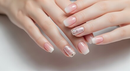 Fototapeta premium Closeup of female hands displaying elegant ombre and glitter french manicure with delicate pink and white shades nails beauty polish nail art design glamorous fashion spa woman pedicure
