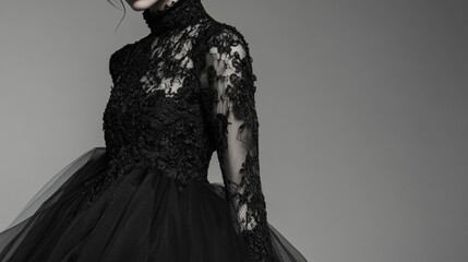 A dramatic gothic black lace dress with high collar and cascading layers of tulle dark and romantic atmosphere detailed embroidery and sheer elements solid grey background