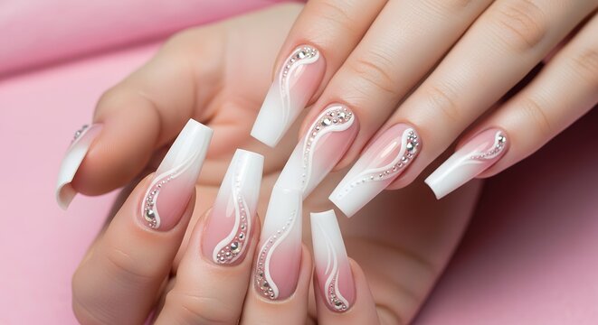 Close up of elegant long coffin shaped fingernails adorned with intricate white French tip designs and sparkling rhinestones set against a soft pink background Manicure Coffin Nails