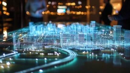 A digital twin control center with smart city infrastructure real-time holographic data engineers using AR interfaces to manage utilities roads and energy systems panoramic 