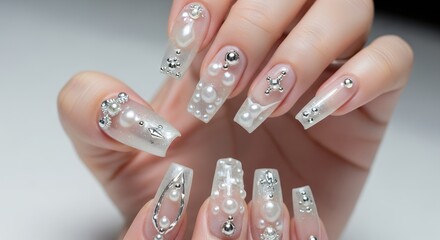 Close up of a person's hands displaying long transparent coffin shaped acrylic nails adorned with white pearls and silver rhinestones showcasing intricate nail art Manicure Beauty Cosmetics
