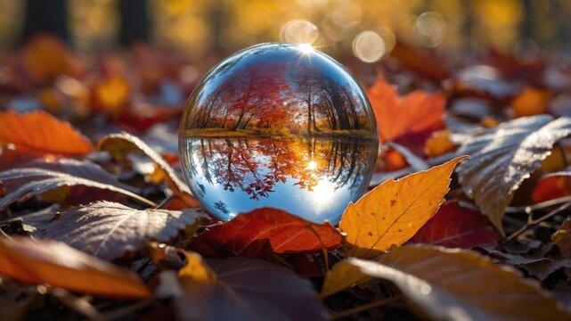 Crystal ball reflecting autumn foliage and trees in a serene forest setting during golden hour