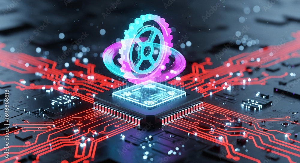 Poster high tech microchip with glowing circuitry and gears, perfect for a modern tech brand