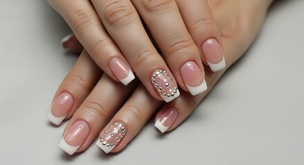 Elegant French manicured fingernails adorned with sparkling rhinestones and silver beads showcasing beauty and style fashion glamorous stylish nail art manicure design elegant nails