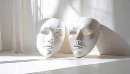 Two theatrical masks resting on the floor in bright natural light symbolizing identity drama duality and artistic expression in daylight setting