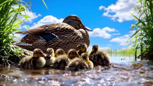 Close-up of mother duck with baby ducklings in water under blue sky with clouds, outdoor wildlife.