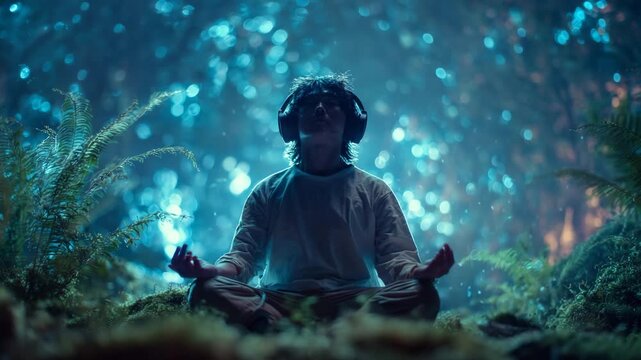 Meditation practice in a serene forest with calming blue lighting at twilight